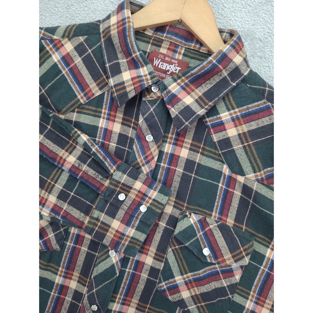 Vintage‎ Wrangler 2XL Big Man Western Flannel Shirt Plaid Pearl Snap Long Sleeve